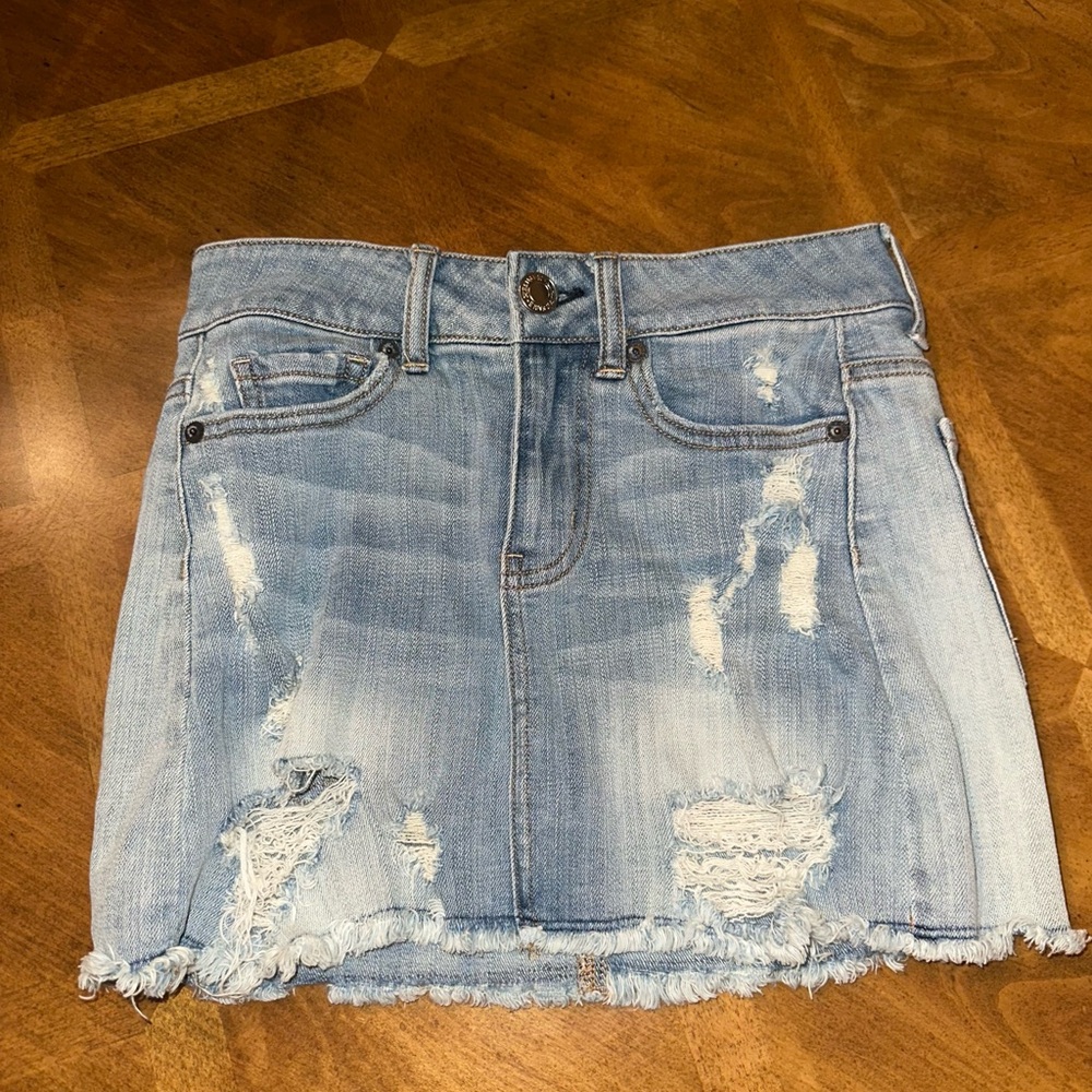 American Eagle Outfitters Light Blue Distressed Mini Skirt